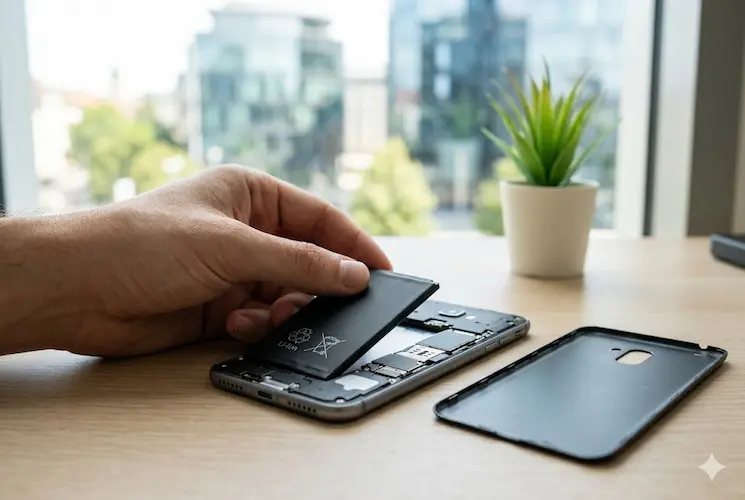 Uma fotografia fotorrealista de uma mão de usuário removendo uma bateria preta removível de um smartphone moderno, sobre uma mesa de madeira. A carcaça do telefone está aberta, demonstrando a acessibilidade para reparos.
