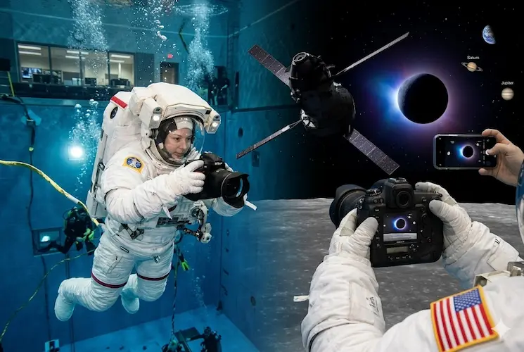 Fotografia de destaque com composição dividida em duas cenas conectadas técnica e visualmente, sem texto verbal. À esquerda, em primeiro plano, vê-se um astronauta em um traje espacial completo e branco, submerso no Neutral Buoyancy Laboratory (NBL), a gigantesca piscina de treinamento da NASA, manuseando um modelo de equipamento com as luzes da piscina e a água ao fundo. À direita, um monitor de controle no laboratório exibe, com altíssima definição (HDR) e cores vibrantes, a imagem real e nítida da cápsula Orion da NASA se aproximando da Lua, exatamente como as câmeras de prateleira modificadas (Nikon) capturaram na Missão Artemis 2. A imagem enfatiza a conexão técnica e visual entre o treinamento na Terra e a execução no espaço profundo.