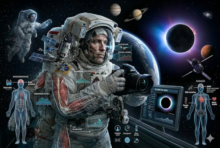 Uma colagem complexa e informativa de estilo científico ilustrando os efeitos da viagem espacial no corpo humano. No centro, um astronauta com um traje espacial detailed (semelhante ao de image_56.png) e um visor quebrado que revela um rosto contemplative e desgastado. Suas mãos gloved seguram uma câmera Nikon D5 modified (idêntica à de image_51.png). À esquerda, diagramas anatômicos mostram gráficos de 'Osteopenia' e 'Microgravidade', detalhando efeitos como 'Fluid Shift' e 'Brain Pressure'. À direita, outro diagrama corporal foca nos 'Danos por Radiação' e 'Saúde Cardíaca'. Hologramas flutuantes mostram gráficos de 'Monitoramento Psicológico' e ' Overview Effect'. No fundo, a Estação Espacial Mir (de image_54.png) se decompõe em direção ao espaço profundo, onde um eclipse solar total com uma coroa brilhante (idêntico ao de image_43.png) e a Terra crescente são visíveis. A imagem é uma fusão de dados biológicos, fisiológicos e psicológicos, com labels técnicos integrados, mas sem texto verbal ou logos."