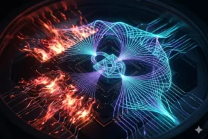 Representa&ccedil;&atilde;o visual de um processador qu&acirc;ntico em destaque, demonstrando a transi&ccedil;&atilde;o entre o caos da entropia (chamas vermelhas &agrave; esquerda) e a organiza&ccedil;&atilde;o da sintropia (geometria ciana e violeta &agrave; direita), simbolizando a estabilidade informacional na criptografia p&oacute;s-qu&acirc;ntica.