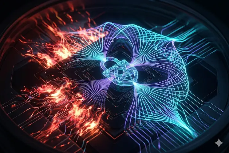 Representação visual de um processador quântico em destaque, demonstrando a transição entre o caos da entropia (chamas vermelhas à esquerda) e a organização da sintropia (geometria ciana e violeta à direita), simbolizando a estabilidade informacional na criptografia pós-quântica.