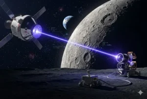 lustra&ccedil;&atilde;o t&eacute;cnica da c&aacute;psula Orion na miss&atilde;o Artemis II realizando comunica&ccedil;&atilde;o a laser com a superf&iacute;cie lunar, exibindo um feixe de luz violeta conectando o terminal O2O a um receptor no solo da Lua, com a Terra ao fundo.