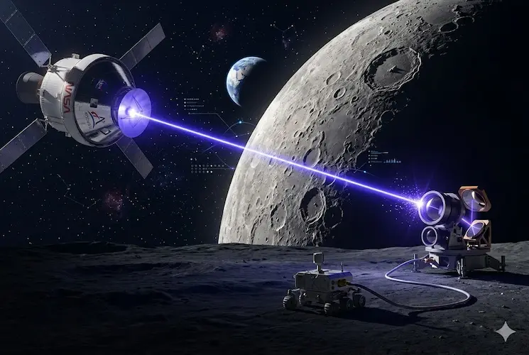 lustração técnica da cápsula Orion na missão Artemis II realizando comunicação a laser com a superfície lunar, exibindo um feixe de luz violeta conectando o terminal O2O a um receptor no solo da Lua, com a Terra ao fundo.