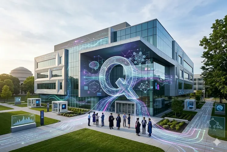 Fotografia conceitual do lançamento do Laboratório de Pesquisa em Computação MIT-IBM. A imagem mostra uma estrutura arquitetônica moderna que combina elementos visuais simbólicos da academia (fused domes) e da indústria tecnológica (digital lines and quantum grids), ilustrando a convergência da inteligência artificial e da computação quântica. Pesquisadores de ambas as instituições são vistos colaborando na entrada principal, onde uma escultura abstrata sem texto funde um símbolo de qubit quântico com uma visualização de rede neural. A imagem foca na inovação, colaboração e no futuro da tecnologia, sem texto verbal.