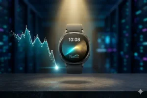 Um smartwatch preto com pulseira preta est&aacute; centralizado em uma superf&iacute;cie escura e texturizada, iluminado por um holofote superior. O mostrador exibe '10:08' e um padr&atilde;o abstrato de ondas em azul e laranja. &Agrave; esquerda, h&aacute; um gr&aacute;fico de linha digital azul brilhante flutuante com uma tend&ecirc;ncia geral de queda. O fundo borrado mostra racks de servidores em um data center com luzes LED.