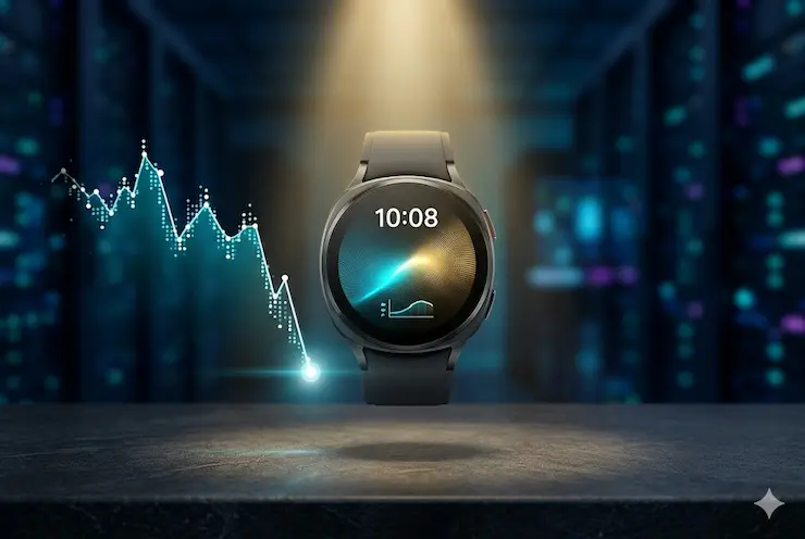 Um smartwatch preto com pulseira preta está centralizado em uma superfície escura e texturizada, iluminado por um holofote superior. O mostrador exibe '10:08' e um padrão abstrato de ondas em azul e laranja. À esquerda, há um gráfico de linha digital azul brilhante flutuante com uma tendência geral de queda. O fundo borrado mostra racks de servidores em um data center com luzes LED.