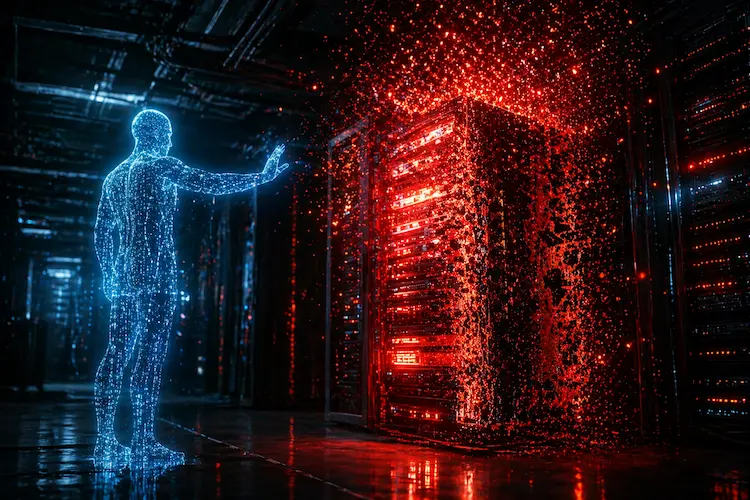 Sala de servidores corporativa escura e cinematográfica em formato widescreen, com racks de alta tecnologia ao fundo. No centro, um servidor iluminado em vermelho intenso parece se desintegrar em partículas brilhantes que sobem como brasas. Ao lado, uma figura humanoide translúcida feita de código digital azul estende a mão em direção ao equipamento, sugerindo que acabou de executar um comando. O contraste entre o azul frio da entidade digital e o vermelho de alerta do servidor cria um clima de suspense cibernético futurista, com estética realista em 3D inspirada em Unreal Engine 5.