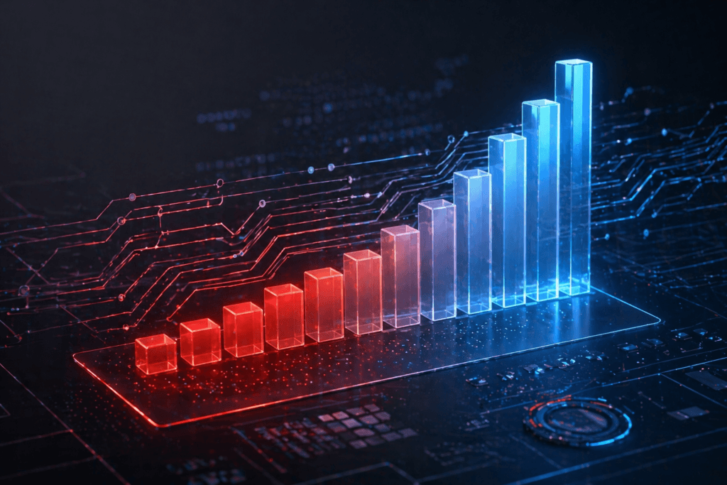 Gr&aacute;fico de barras digital 3D em degrad&ecirc; do vermelho ao azul sobre circuitos eletr&ocirc;nicos, representando a evolu&ccedil;&atilde;o da maturidade em seguran&ccedil;a cibern&eacute;tica em 2026.