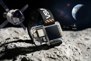 Vis&atilde;o detalhada do NASA Artemis Watch 2.0 com sua pulseira preta caracter&iacute;stica e carca&ccedil;a transparente revelando o processador ESP32-S3, posicionado sobre uma superf&iacute;cie lunar rochosa com a c&aacute;psula Orion e a Terra vis&iacute;veis no espa&ccedil;o ao fundo.