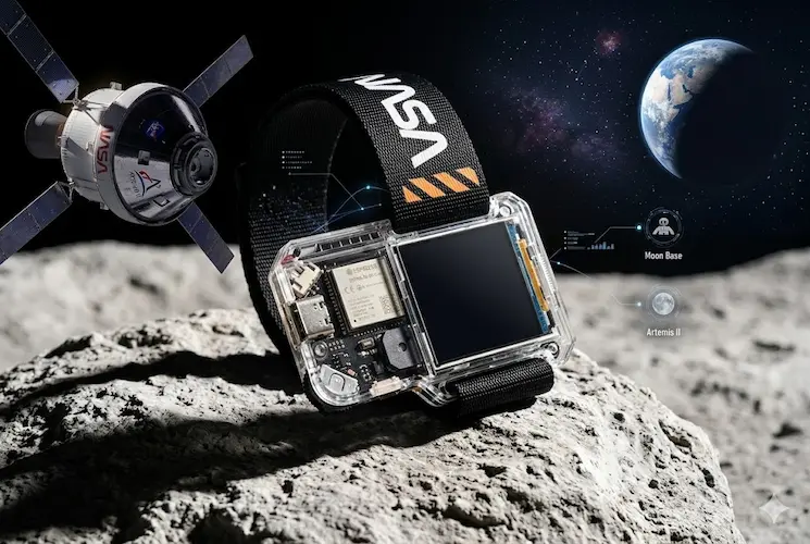 Visão detalhada do NASA Artemis Watch 2.0 com sua pulseira preta característica e carcaça transparente revelando o processador ESP32-S3, posicionado sobre uma superfície lunar rochosa com a cápsula Orion e a Terra visíveis no espaço ao fundo.
