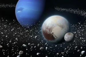 Representa&ccedil;&atilde;o fotorrealista de Plut&atilde;o e sua lua Caronte flutuando no Cintur&atilde;o de Kuiper com o planeta Netuno ao fundo, ilustrando por que Plut&atilde;o &eacute; um planeta an&atilde;o.