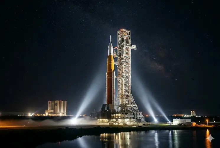Foguete SLS da missão Artemis II iluminado à noite na plataforma de lançamento 39B do Centro Espacial Kennedy, aguardando o lançamento histórico