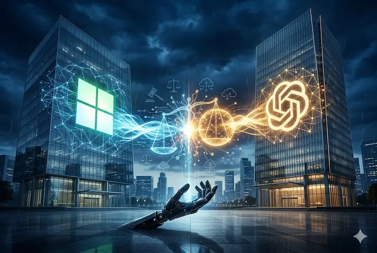 Ilustração cinematográfica fotorrealista representando a disputa entre Microsoft e OpenAI. Dois arranha-céus modernos exibem os logotipos das marcas em uma metrópole futurista noturna. Uma balança digital luminosa e ícones jurídicos flutuam entre os edifícios, simbolizando a batalha judicial, enquanto uma mão robótica detalhada emerge em primeiro plano sob um céu tempestuoso.