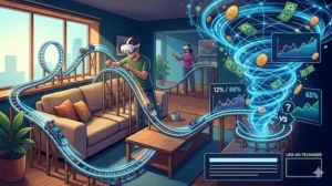 Ilustra&ccedil;&atilde;o estilo vetor mostrando uma pessoa com &oacute;culos Meta Quest 3 construindo uma montanha-russa virtual de CoasterMania que interage com os m&oacute;veis de uma sala de estar, como sof&aacute; e mesa de centro.