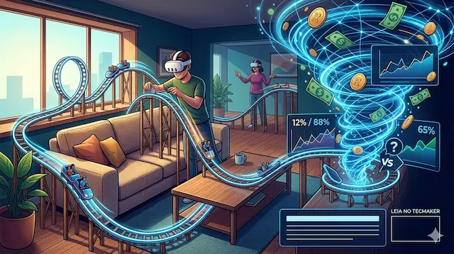 Ilustração estilo vetor mostrando uma pessoa com óculos Meta Quest 3 construindo uma montanha-russa virtual de CoasterMania que interage com os móveis de uma sala de estar, como sofá e mesa de centro.