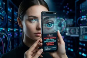 Fotografia cinematogr&aacute;fica em propor&ccedil;&atilde;o 3:2 mostrando o rosto de uma mulher com detalhes cibern&eacute;ticos sutis na pele. Ela segura um smartphone &agrave; frente do rosto que realiza um escaneamento de &iacute;ris. A tela do celular exibe a interface do Tinder com um alerta vermelho: 'PADR&Atilde;O DE &Iacute;RIS SINT&Eacute;TICO DETECTADO'. Elementos hologr&aacute;ficos de biometria e dados flutuam ao redor do aparelho. O fundo &eacute; um data center futurista com luzes azuis e roxas desfocadas.