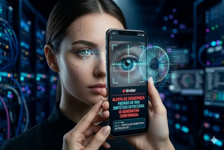 Fotografia cinematográfica em proporção 3:2 mostrando o rosto de uma mulher com detalhes cibernéticos sutis na pele. Ela segura um smartphone à frente do rosto que realiza um escaneamento de íris. A tela do celular exibe a interface do Tinder com um alerta vermelho: 'PADRÃO DE ÍRIS SINTÉTICO DETECTADO'. Elementos holográficos de biometria e dados flutuam ao redor do aparelho. O fundo é um data center futurista com luzes azuis e roxas desfocadas.