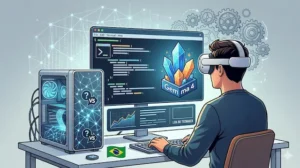 Ilustra&ccedil;&atilde;o estilo tech de um usu&aacute;rio em frente a um PC potente com 16GB de RAM, rodando o modelo Gemma 4 do Google localmente; a tela exibe c&oacute;digos de intelig&ecirc;ncia artificial e o gabinete do computador brilha com conex&otilde;es neurais.