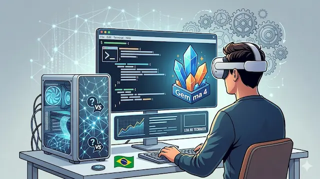Ilustração estilo tech de um usuário em frente a um PC potente com 16GB de RAM, rodando o modelo Gemma 4 do Google localmente; a tela exibe códigos de inteligência artificial e o gabinete do computador brilha com conexões neurais.