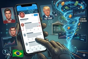 Ilustra&ccedil;&atilde;o estilo tech de uma m&atilde;o com luva t&aacute;tica segurando um smartphone que exibe uma conta de rede social "fake" de apoio a Donald Trump, com o perfil dele em destaque; a tela tem marcadores vermelhos e gr&aacute;ficos de rede neural indicando detec&ccedil;&atilde;o de atividade coordenada de IA.