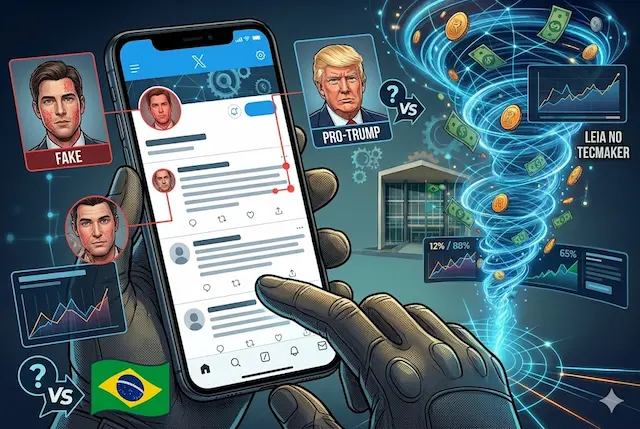 Ilustração estilo tech de uma mão com luva tática segurando um smartphone que exibe uma conta de rede social "fake" de apoio a Donald Trump, com o perfil dele em destaque; a tela tem marcadores vermelhos e gráficos de rede neural indicando detecção de atividade coordenada de IA.