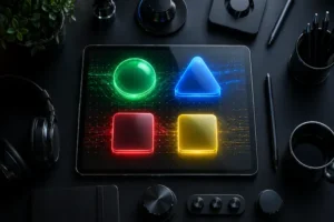 Workspace futurista visto de cima com tablet escuro exibindo formas geom&eacute;tricas brilhantes (c&iacute;rculo verde, tri&acirc;ngulo azul, quadrado vermelho e quadrado amarelo) flutuando sobre a tela, com ilumina&ccedil;&atilde;o suave, reflexos no vidro e linhas luminosas ao fundo sugerindo processamento de dados em ambiente tecnol&oacute;gico minimalista.