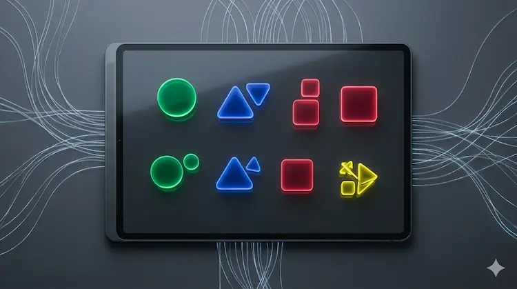 Vista superior ortogr&aacute;fica de um tablet cinza escuro posicionado centralmente sobre uma mesa texturizada cinza escura. A tela do tablet exibe uma matriz organizada de &iacute;cones geom&eacute;tricos 3D de vidro brilhante e semi-transparente. Os &iacute;cones flutuam levemente sobre a superf&iacute;cie e s&atilde;o dispostos em duas linhas e quatro colunas: c&iacute;rculos verdes, tri&acirc;ngulos azuis, quadrados vermelhos e formas amarelas fragmentadas. Fios de fibra &oacute;tica luminosos e delicados irradiam das bordas do tablet para a superf&iacute;cie da mesa. A ilumina&ccedil;&atilde;o &eacute; suave e uniforme, sem textos ou s&iacute;mbolos alfab&eacute;ticos vis&iacute;veis.
