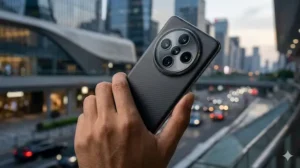 Smartphone premium com m&oacute;dulo de c&acirc;mera circular "Cosmos Ring" sendo segurado por uma m&atilde;o em ambiente urbano moderno ao entardecer, destacando o design em tit&acirc;nio e as m&uacute;ltiplas lentes fotogr&aacute;ficas.