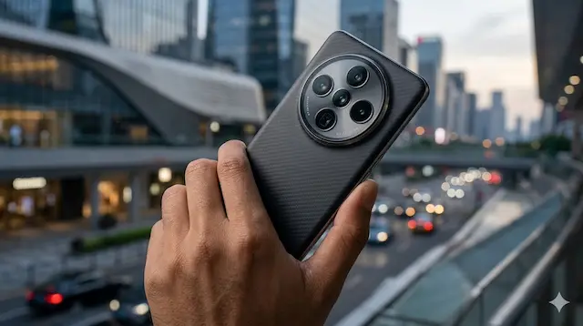 Smartphone premium com módulo de câmera circular "Cosmos Ring" sendo segurado por uma mão em ambiente urbano moderno ao entardecer, destacando o design em titânio e as múltiplas lentes fotográficas.