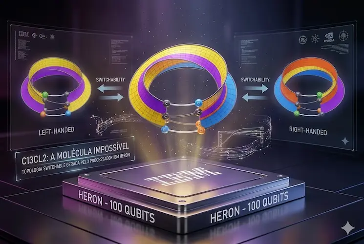 Representação digital e científica da molécula impossível C13CL2 com topologia Half-Möbius, exibida em painéis holográficos futuristas. A imagem mostra a estrutura molecular em seus estados de alternância (Switchability) flutuando sobre um processador quântico IBM Heron de 100 qubits. O visual combina tons de roxo quântico, azul neon e ciano, simbolizando a fronteira da engenharia química e computação quântica em 2026. Livre de textos exagerados.