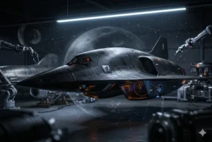 Uma imagem destaque t&eacute;cnica e hyper-realista, de 750x500 pixels, mostrando um close-up de um prot&oacute;tipo de fuselagem preta e angular de um avi&atilde;o hipers&ocirc;nico SR-72 da Skunk Works, dentro de um hangar de pesquisa secreto e dimly lit. O pequeno logotipo ic&ocirc;nico do gamb&aacute; preto da Skunk Works est&aacute; discretamente integrado como uma placa met&aacute;lica central. A fuselagem reflete uma luz de scan-line ciano e azul, com detalhes de Lidar e vibrometria a laser pulsando em vermelho e laranja, conectando visualmente as discuss&otilde;es sobre o Darkstar e o Ghost Murmur. O hangar de fundo, focado e texturizado, sugere um ambiente de pesquisa aeroespacial avan&ccedil;ada com rob&ocirc;s de fabrica&ccedil;&atilde;o e redes de constela&ccedil;&otilde;es sutis no ar.