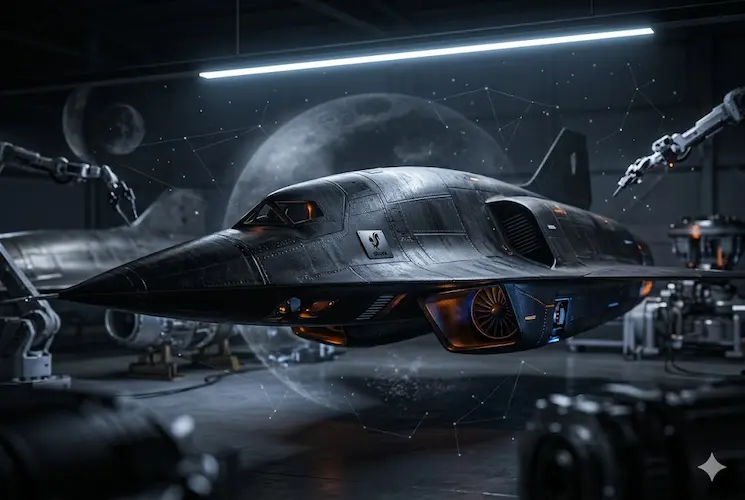 Uma imagem destaque técnica e hyper-realista, de 750x500 pixels, mostrando um close-up de um protótipo de fuselagem preta e angular de um avião hipersônico SR-72 da Skunk Works, dentro de um hangar de pesquisa secreto e dimly lit. O pequeno logotipo icônico do gambá preto da Skunk Works está discretamente integrado como uma placa metálica central. A fuselagem reflete uma luz de scan-line ciano e azul, com detalhes de Lidar e vibrometria a laser pulsando em vermelho e laranja, conectando visualmente as discussões sobre o Darkstar e o Ghost Murmur. O hangar de fundo, focado e texturizado, sugere um ambiente de pesquisa aeroespacial avançada com robôs de fabricação e redes de constelações sutis no ar.