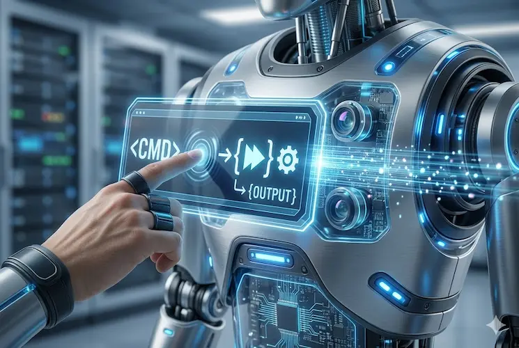 otografia fotorrealista com iluminação cinematográfica e alta profundidade de campo, mostrando o close-up das mãos de um profissional operando uma interface holográfica de inteligência artificial em um ambiente de escritório moderno. A imagem foca na interação direta e técnica entre o humano e a máquina, simbolizando a eficiência da engenharia de prompt e a produtividade, sem elementos de distração ou cortesia social desnecessária