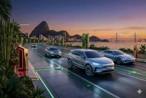 Vista panor&acirc;mica futurista de 2026 com carros el&eacute;tricos chineses circulando em uma rodovia tecnol&oacute;gica no Rio de Janeiro, tendo o P&atilde;o de A&ccedil;&uacute;car e o p&ocirc;r do sol ao fundo. A estrada possui sinaliza&ccedil;&atilde;o luminosa neon verde e esta&ccedil;&otilde;es de carregamento ultra-r&aacute;pido integradas &agrave; paisagem tropical.
