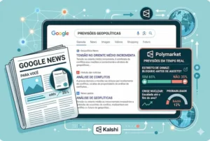 Interface do Google News exibindo dados da Polymarket com previsões sobre o Estreito de Ormuz e probabilidades de crise nuclear.