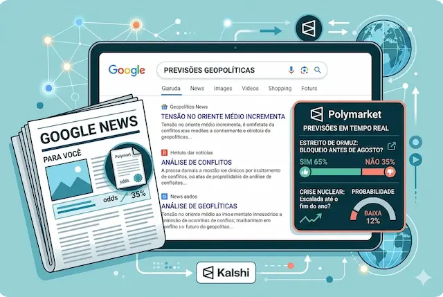 Interface do Google News exibindo dados da Polymarket com previsões sobre o Estreito de Ormuz e probabilidades de crise nuclear.