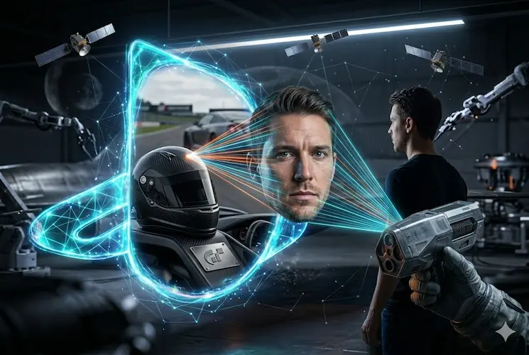 A imagem foca exclusivamente na união do mundo real com o virtual no PlayStation, sem o hangar Skunk Works. Vemos um homem (um jogador real) em pé, diante de um portal de luz azul neon e ciano em forma do símbolo PlayStation (