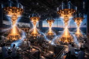 Uma vis&atilde;o ampla e hiper-realista de uma gigantesca instala&ccedil;&atilde;o de computa&ccedil;&atilde;o qu&acirc;ntica da IBM em Poughkeepsie, com quatro enormes criostatos de m&uacute;ltiplos n&iacute;veis emitindo luz intensa em tons dourados e azuis, interligados por fluxos de energia luminosa, cercados por cientistas em plataformas de observa&ccedil;&atilde;o, com um fundo panor&acirc;mico de vidro mostrando o rio Hudson ao entardecer.