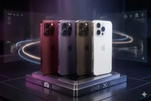 Quatro modelos de iPhone 18 Pro exibidos lado a lado em um pedestal tecnol&oacute;gico de tit&acirc;nio. A imagem destaca as novas cores exclusivas de 2026: Vermelho Profundo (Deep Red), Roxo M&iacute;stico, Marrom Caf&eacute; e Branco Estelar. O design apresenta acabamento em tit&acirc;nio polido e um conjunto de c&acirc;meras triplas avan&ccedil;ado, ambientado em um cen&aacute;rio futurista com pain&eacute;is de dados hologr&aacute;ficos ao fundo. Imagem sem textos verbais, focada no realismo do produto.
