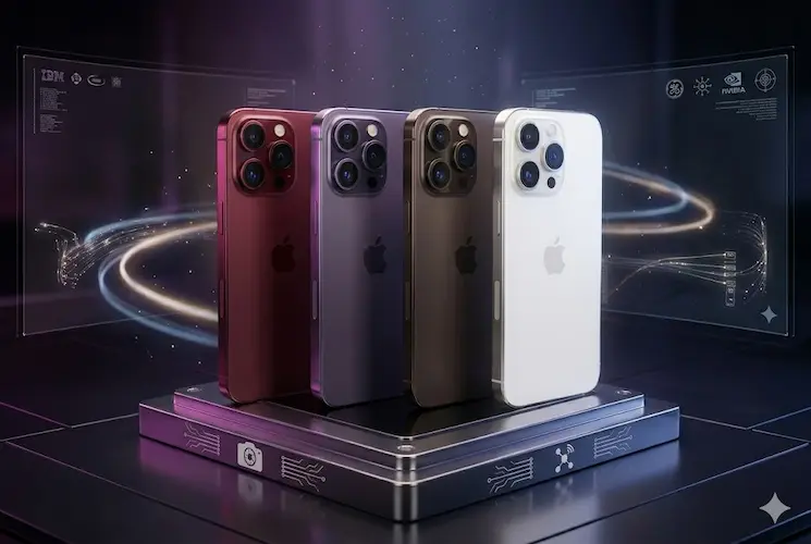 Quatro modelos de iPhone 18 Pro exibidos lado a lado em um pedestal tecnológico de titânio. A imagem destaca as novas cores exclusivas de 2026: Vermelho Profundo (Deep Red), Roxo Místico, Marrom Café e Branco Estelar. O design apresenta acabamento em titânio polido e um conjunto de câmeras triplas avançado, ambientado em um cenário futurista com painéis de dados holográficos ao fundo. Imagem sem textos verbais, focada no realismo do produto.