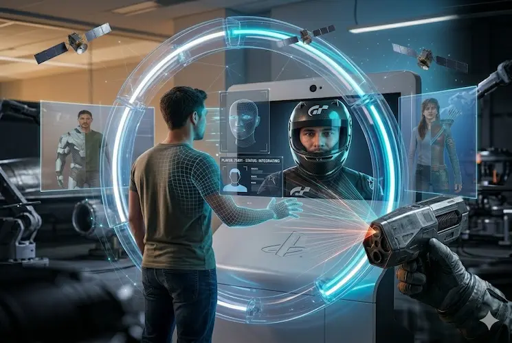 Uma imagem hyper-realista e fotorrealista de uma esta&ccedil;&atilde;o de escaneamento facial da Sony PlayStation, demonstrando o ecossistema "The Playerbase" para o portal TecMaker.