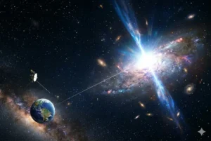 Ilustra&ccedil;&atilde;o fotorrealista do cosmos mostrando o planeta Terra no canto inferior esquerdo e a sonda espacial Voyager logo acima. Uma linha visual conecta nosso sistema a um quasar incrivelmente brilhante &agrave; direita, que ejeta poderosos feixes de luz azul (jatos relativ&iacute;sticos) pelos polos. O fundo do espa&ccedil;o sideral &eacute; preenchido por poeira c&oacute;smica, estrelas brilhantes e diversas gal&aacute;xias espirais distantes, representando o mapeamento da nossa posi&ccedil;&atilde;o no vasto universo observ&aacute;vel.