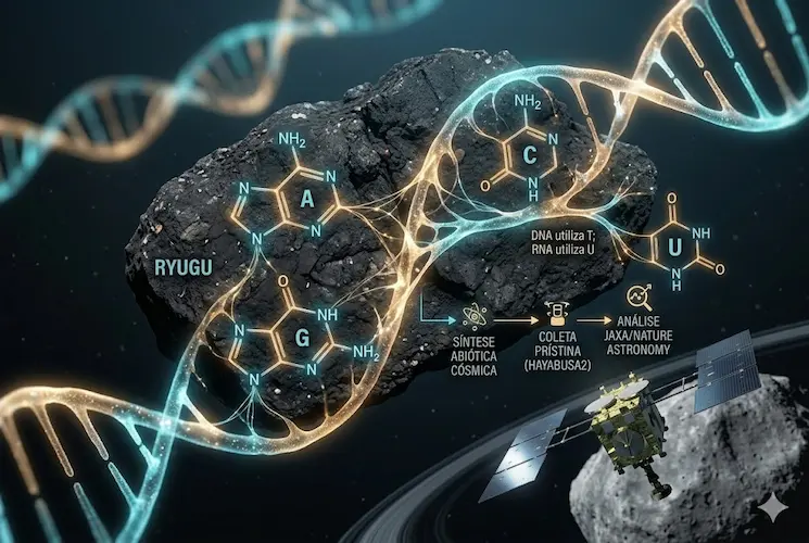 As cinco nucleobases canônicas de image_0.png estão integradas perfeitamente ao material, formando uma "constelação orgânica" de formas hexagonais e pentagonais interconectadas. As Purinas (Adenina, Guanina) são formas de anel duplo mais robustas, brilhando com um tom âmbar suave, enquanto as Pirimidinas (Citosina, Timina, Uracila) são formas de anel simples mais delicadas, brilhando com tons ciano suaves, mantendo a distinção visual.