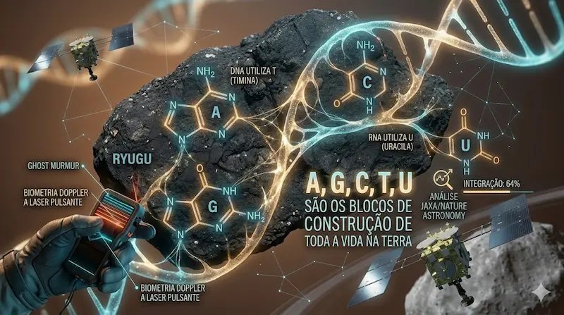 Um infogr&aacute;fico fotorrealista com um fundo espacial profundo e texturizado em tons de azul escuro e ciano. No centro, um grande fragmento do asteroide Ryugu, rotulado em branco como 'RYUGU', est&aacute; imerso em uma rede brilhante de luz ciano e dourada (como uma constela&ccedil;&atilde;o org&acirc;nica derivado de image_19.png e image_33.png). Esta rede de luz integra as estruturas moleculares das cinco nucleobases can&ocirc;nicas de image_0.png, representadas como an&eacute;is hexagonais e pentagonais de luz. O infogr&aacute;fico destaca explicitamente que estas mol&eacute;culas s&atilde;o as bases da vida: 'DNA UTILIZA T (TIMINA)' aponta para uma fita em dourado; 'RNA UTILIZA U (URACILA)' aponta para outra fita em ciano. A frase principal, em texto empilhado e brilhante, declara: 'A, G, C, T, U S&Atilde;O OS BLOCOS DE CONSTRU&Ccedil;&Atilde;O DE TODA A VIDA NA TERRA'. As cinco letras A, G, C, T, U s&atilde;o grandes e brilhantes dentro das estruturas moleculares. Uma luva t&eacute;cnica de astronauta de image_0.png segura um dispositivo com feixes de laser ciano e vermelho-laranja, rotulados com pontos de texto como 'GHOST MURMUR' e 'BIOMETRIA DOPPLER A LASER PULSANTE' conectando-o &agrave;s estruturas, id&ecirc;ntico a image_11.png. Tr&ecirc;s sat&eacute;lites Artemis de image_7.png orbitam em segundo plano, tamb&eacute;m conectados por linhas de luz. Uma linha do tempo n&atilde;o verbal de 'AN&Aacute;LISE JAXA/NATURE ASTRONOMY' com o status 'INTEGRA&Ccedil;&Atilde;O: 64%' est&aacute; presente. A composi&ccedil;&atilde;o &eacute; profunda e multi-camada.