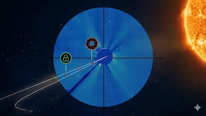 Infográfico astronômico do Cometa C/ 2026 A1 em rota de colisão parcial com o Sol. À direita, a superfície solar brilha intensamente em tons de laranja e fogo. No centro, um círculo azul profundo representa o campo de visão de um coronógrafo espacial, mostrando o rastro branco do cometa mergulhando em direção ao centro. Sobre a trajetória, aparecem dois ícones táticos: um marcador vermelho com o desenho de uma lente (indicando o ponto crítico de observação no periélio) e um marcador verde com um cadeado (simbolizando a segurança e a soberania dos dados coletados). O fundo é o espaço negro estrelado, criando um contraste dramático e científico.