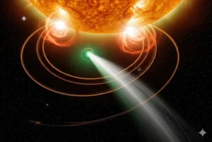 Ilustra&ccedil;&atilde;o astron&ocirc;mica cinematogr&aacute;fica do cometa C/ 2026 A1 (MAPS) com coma verde brilhante e longa cauda branca, mergulhando na coroa dourada do Sol com loops de plasma e explos&otilde;es solares ao fundo.