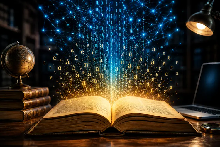 Livro antigo aberto sobre uma mesa de madeira em ambiente escuro e acolhedor, iluminado por uma luz dourada que emana das p&aacute;ginas. Letras e s&iacute;mbolos dourados sobem do livro e se transformam gradualmente em c&oacute;digo bin&aacute;rio azul-ciano e uma rede de n&oacute;s digitais interconectados acima. Ao fundo, elementos desfocados como livros empilhados, um globo e um laptop sugerem a fus&atilde;o entre educa&ccedil;&atilde;o cl&aacute;ssica e tecnologia moderna, com ilumina&ccedil;&atilde;o cinematogr&aacute;fica e foco no centro da cena.