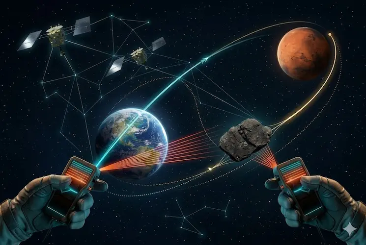 No centro, vemos o Planeta Vermelho, Marte, com sua superfície detalhada e texturas fotorrealistas de image_39.png. Uma hélice de luz ciano/azul neon, derivada do portal de image_19.png, corta o espaço em uma trajetória extremamente direta e rápida, conectando a Terra (não visível, apenas o ponto de partida implícito) a Marte. Essa hélice representa a "revolução das rotas espaciais" e é o "corredor geométrico