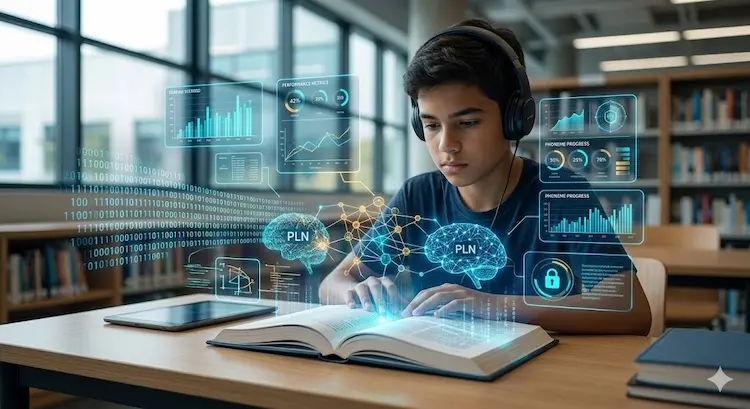 Estudante interagindo com livro e interfaces hologr&aacute;ficas representando o Processamento de Linguagem Natural e a BNCC 2026.