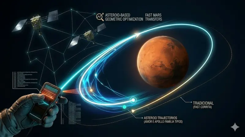 Infogr&aacute;fico cient&iacute;fico mostrando a compara&ccedil;&atilde;o entre a rota tradicional e a nova rota r&aacute;pida para Marte usando corredores geom&eacute;tricos e trajet&oacute;rias de asteroides